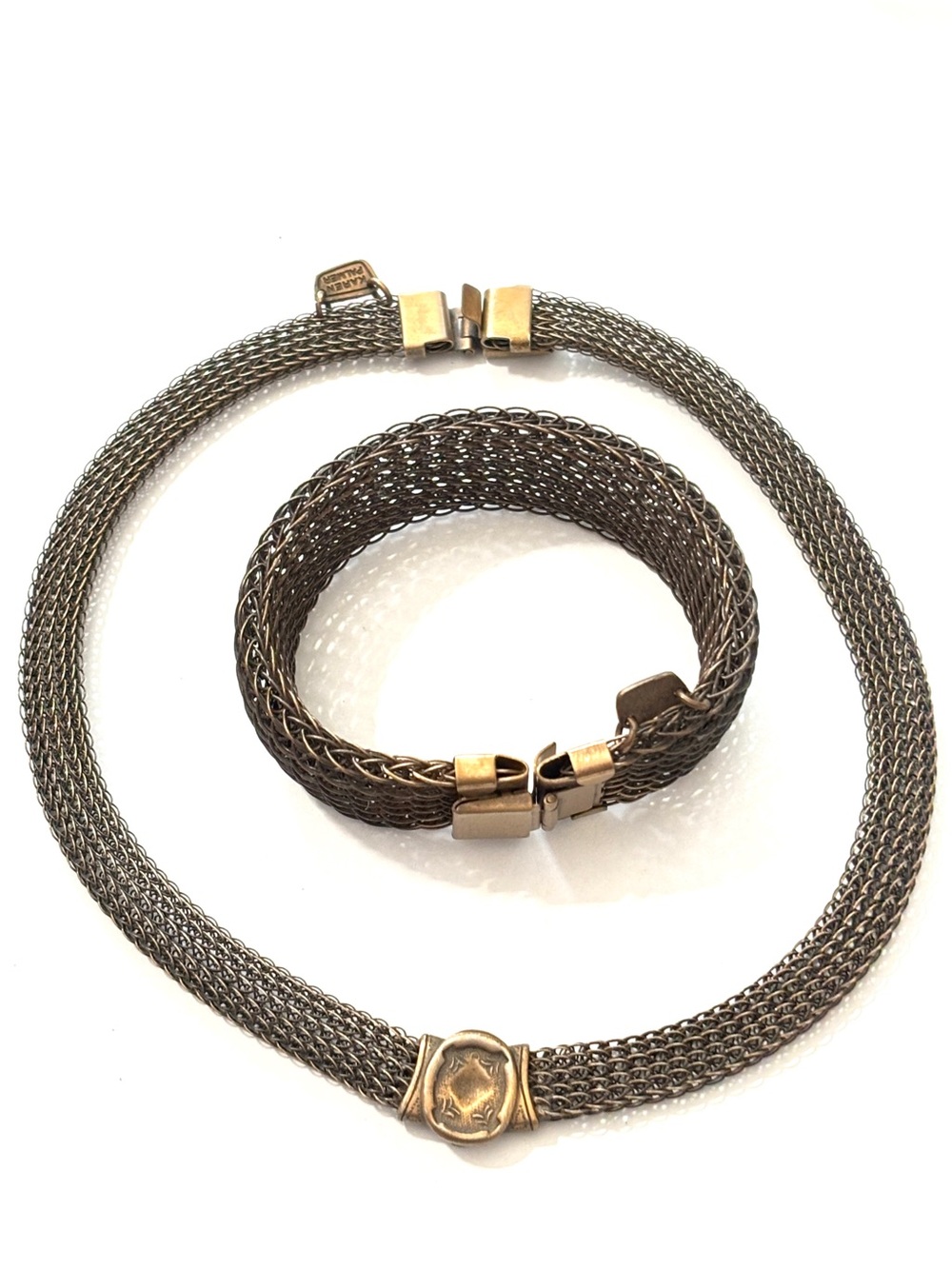 Karen Palmer Signed Vintage Bronze Tone Chainmaille Mesh Necklace Bracelet Set